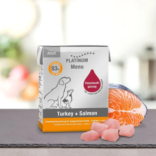 plat PLATINUM MENU Turkey + Salmon - Puran in losos za odrasle pse 185g
