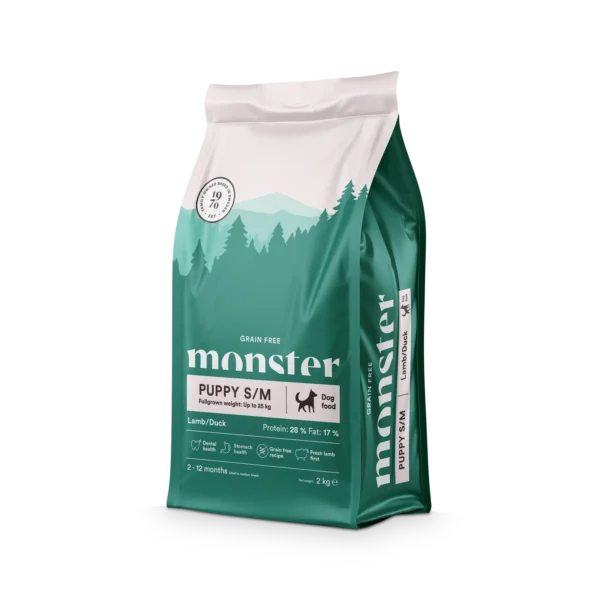 69860c6cb6648287b8bbb261_Monster Dog GF Puppy S-M Lamb-Duck 2 kg Centred Left Monster Dog Grain free PUPPY LAMB/DUCK Jagnjetina in raca – Suha hrana za pse
