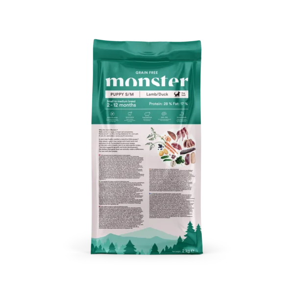 69860c6cf02aee26c8bc8c6e_Monster Dog GF Puppy S-M Lamb-Duck 2 kg Centred Back Monster Dog Grain free PUPPY LAMB/DUCK Jagnjetina in raca – Suha hrana za pse