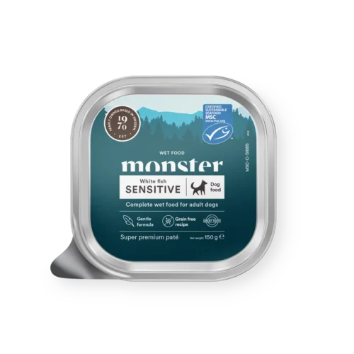 Alu-tray-front-Sensitive-Fish Monster Dog Pate - pašteta – SENSITIVE white fish – bela riba 150g