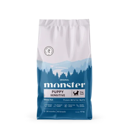 Monster_Dog_OG_Puppy_Sensitive_12_kg_Grounded_Front_1 Monster Dog Original PUPPY SENSITIVE WHITE FISH / bela riba – Suha hrana za pse